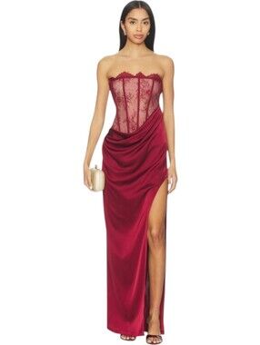 NBD Nalani Strapless Lace Corset Maxi Gown in Burgundy